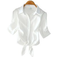 Casual Weiße Bluse Sommer Frauen Kleidung Elegante Feste Taste Kurzarm Shirt Mode Bogen Gürtel Taille Büro Dame Tops 19870