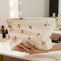 Lightweight Zipper Corduroy Makeup Bag Women's Large Capacity Cherry Printed Cosmetic Bag Travel Toiletry Storage Bag