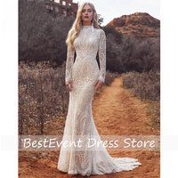Mermaid Boho Beach Wedding Dresses with Back Buttons Lace High Neck Floral Print Long Sleeve Vestidos De Novia 2025 Customized