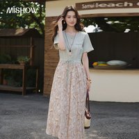MISHOW Damen-Jeanskleid mit Blumenmuster, Midikleid, Sommer, Rundhalsausschnitt, Kordelzug an der Taille, A-Linie, Urlaub, langes Kleid MXF29L2768