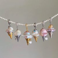 Cute Ice Cream Cone Pearl Pendant Necklace Gold Plated Dainty Zircon Leaf Chain Necklace Sweet Jewelry Gift for Women