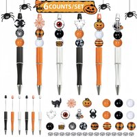 6 Pcs/Set Halloween DIY Ballpoint Pens, Pumpkin Skull Black Cat Devil Theme DIY Beaded Pen Set