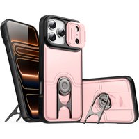 360° rotating bracket Shockproof armor phone case for iPhone 17 16 14 15 13 Pro Max Metal ring holder sliding lens protect cover