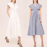 Women V Neck Belted Waist Midi Dress Self Tie Sash Elegant Casual fashion long Dress