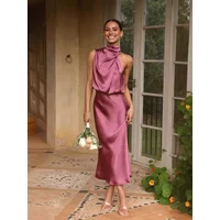 2025 Summer Fashion New Women's Elegant Banquet Style Elegant Solid Color Stacked Collar Sleeveless Sexy Party Style Long Dress