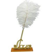 Fashion White Feather Signing Pen Gold Tone Love Words Wedding Party Signature Pen w/ Holder