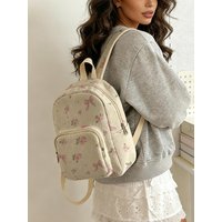 Pink Rose & Bow Print with Heart Dots Women Fashion Backpack Corduroy Multi-pocket Large Capacity Commuter Bag