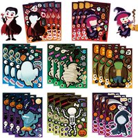 8Sheets Cartoon Halloween Party Puzzle Stickers Make-A-Face DIY Assembly Children's Puzzle Account Material Waterproof Stickers