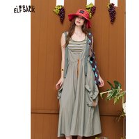 ELFSACK Casual Drawstring Waist Overalls Dress, Loose Cargo Style Long Suspender Skirt with Pockets
