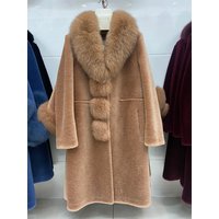 Women Winter Camel 100% Woolen Thick Long Jacket Coat Real Fox Fur Collar Long Wool Winter Warm Outerwear
