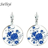 Vintage Mandala Flower Earrings Ethnic Blue And White Porcelain Glass Dome Earrings For Women