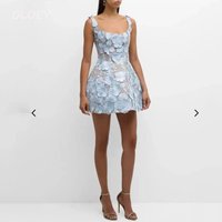 OLOEY Blue Floral 3D Flowers Mini Short Prom Party Dresses Straps Square Neck Cocktail Dress Customised Summer Skirt