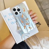 Creative INS Gradient Blue Goldfish & Star Patterns with Beaded Charm Phone Case for iPhone 16 15 14 13 Pro Max Back Cover Capa