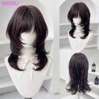 MEISU 18 Inch Straight Bangs Wig Black Tea Synthetic Fiber Layered Hair Heat-Resistant Natural Smooth Extend Hair Selfie Party