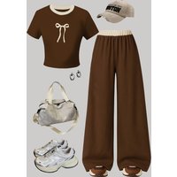 Girls' Casual Long Pants Set, New Style for Teenage Girls, Fashionable and Simple, with Bow Print, Round Neck, Chocolate Brown Short-Sleeve Top and Loose Straight-Leg Pants, Two-Piece Set Suitable for