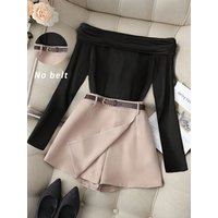 Women's Burgundy Off-Shoulder Long Sleeve Top & Black Skort Set, Elegant Boss Lady Style Slimming Two-Piece Outfit