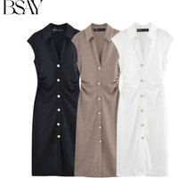 BSAY Dress for Women Fashion Summer New Fold Sleeveless V-neck Single Breasted Midi Dresses French Chic Female Evening Clothing