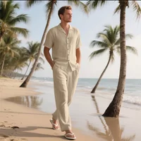 Summer 2026 Men's Beach Shirt Top Linen Short-Sleeved Top with Long Pants for Daily Casual Beach Vacations