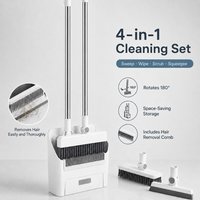 4-in-1 Broom and Dustpan Set with Floor Scrub Brush and Squeegee, 180 Degree Rotating Head, Pet Hair Remover for Hard Floor Care