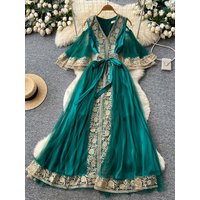 Summer Court Style Green Embroidered A-line Off Shoulder Dress for Women's New Fashion Mesh Waist Strap Party Long Dress S526