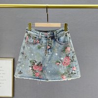 Floral Pattern Rhinestone Design Denim Women's Mini Skirt A Line Short Skirt Ladies Fashion Rhinestone Floral Denim Skirts