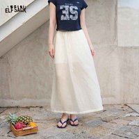ELFSACK Elastic Drawstring Waist Midi Skirt, Ruffle Hem Loose Balloon A Line Skirt, Lazy Casual Daily Bottom for Women