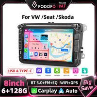 Podofo 8 Inch 2 Din 6+128G/2+64G Car Multimedia Player For Seat Altea/Toledo/Leon VW Golf/Passta/Jatta/Bora/Scirocco Skoda Fabia/Yeti/Roomster/Praktic Support Reversing Camera/AI Voice Assistant GPS