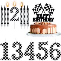 Racing Car Themed Birthday Candles&Race Car Cake Topper - Checkered Flag, Glitter, Happy Birthday Theme for Party Decoration