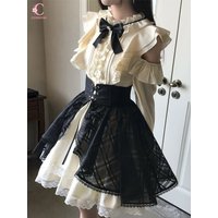 Japanese Sweet Lolita 2 piece Outfit Women Ruffle Blouse High Waist Lace Up Plaid Skirt Set Cute Bow Princess Dress Harajuku New