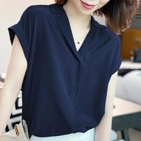 Chemisier simple en mousseline de soie pour femme, haut simple, couleur unie, ample, manches courtes, mode décontractée, nouvelle collection été 2023