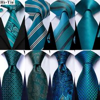 Teal Green Striped Luxury Designer Wedding Tie For Men Handky Cufflink Mens Necktie Fashion Business Party Dropship Hi-Tie