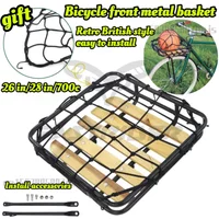 24 in/26 in/700c Vintage British Bicycle Basket with Wooden Board,bike Metal Front Basket with Support Frame Bike Accessories
