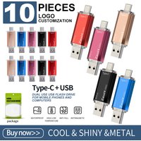 10Pcs/Lot Type-c Flash Drive 16GB 32GB Metal OTG 2 IN 1 Pen Drive 3.0/2.0 Memory Stick USB Free Logo cle Usb Waterproof U Disk