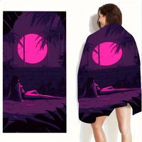 Vaporwave Sunset Girl Beach Towel Patterned Sunscreen And Windproof Suitable For Swimming Pool Camping Travel Blanket