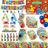 Cartoon SEsame-Streets Birthday Party Set Supplies Kids Tableware Cup Plate Keychain Balloon Cake Topper Banner Party Decoration