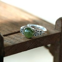 Silver 925 natural Hotan Jade green round rings for women ethnic style hollow out retro art red ring adjustable banquet jewelry