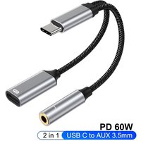 2 In 1 60W USB C to 3.5mm Headphone Type C Charger Adapter USB C to 3.5mm Aux Audio Jack Extension Cord With Fast Charging Cable