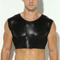 Mens Tank Top Clubwear Stage Costume Crop Tops Faux Leather Muscle Performance Male Sleeveless Vest Undershirt