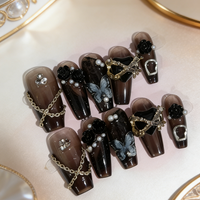 10 pieces of hand-pressed coffin-shaped nails, beautiful false nails, dark chains with sparkling diamonds, suitable for women
