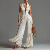 Spring Summer Women White Ruched Halter Jumpsuit Playsuit Wide Leg Romper