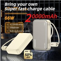 3C Certified 20000mAh 66W Ultra Fast Portable External Power Pack Free Attached Cable For iPhone Samsung Huawei Smartphone