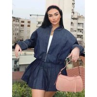 HH New Street Fashion Denim Bomber Jacket For Women Solid Color Stand Collar Zipper With Pocket Balloon Style Causal Coats
