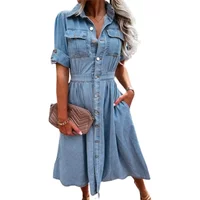 Vintage Single-breasted Cardigan Dresses Women Chest Double Pocket Decoration Denim Dressy Female Elegant Comfortable Slim Gown