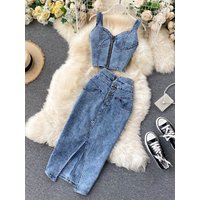 Fashion Denim 2 Piece Sets Women Outfit Summer Clothes Women 2026 Camisole Crop Top Long Skirt Sets Cowboy Two Pieces Dress Sets