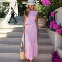 Tuularose Summer Women's Knit Dress Set Solid Hollow Out Sleeveless Top Ruched Skirt Set Fashion Beach Vacation Street Clothing