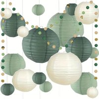 16Pcs Green and White Paper Lanterns, Party Decorations with Tape and String, for Hanging at Bridal Showers, Graduation Ceremonies, Weddings, Tropical-Themed Parties, and Birthday Party Supplies