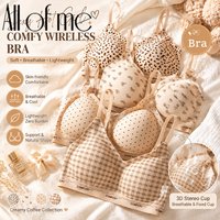 Creamy Coffee Collection Wireless Bra For Women Cute Bow Dot Leopard Plaid Print V Neck Lift Gather Support Soft Skin Friendly
