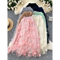Elegant Embroidered A-Line Midi Skirt High Waist Slimming Gentle Wind New 2024 Polyester Fiber Commute Style City Women