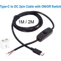 1m/2m USB Type-C Pigtail Cable Extension Power Cable with On/Off Switch USB-C Plug to 2 Pin Bare Wire Open End Connector for DIY