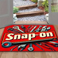 Snap-On Tool Logo Non-Slip Door Mat, Vibrant Red with Black White Illustrations, Washable Flannel for Home Office Garage Decor